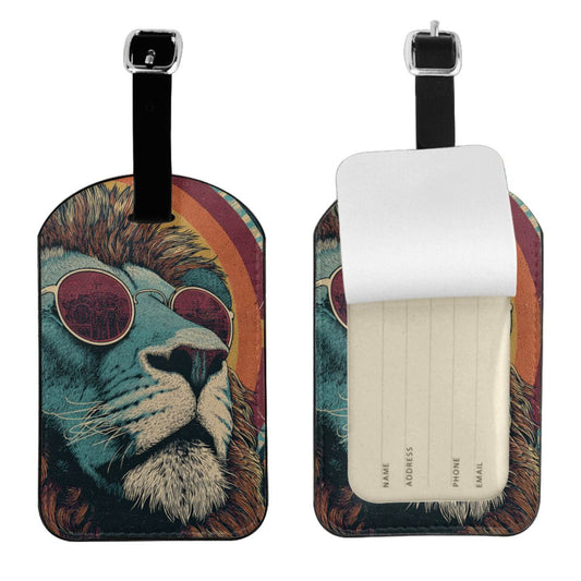Retro Sunglasses Lion Luggage Tag – PU Travel ID Label with Adjustable Strap